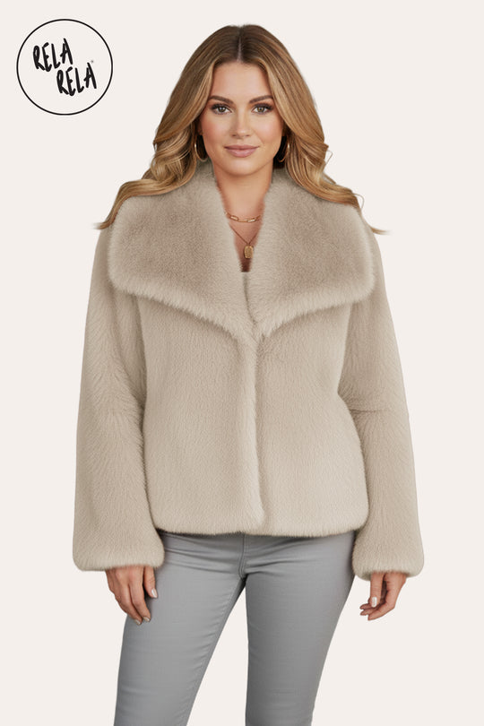 Luxury Oversize Wide Lapel Faux Fur Coat with Snap Closure in Beige