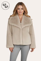 Luxury Oversize Wide Lapel Faux Fur Coat with Snap Closure in Beige