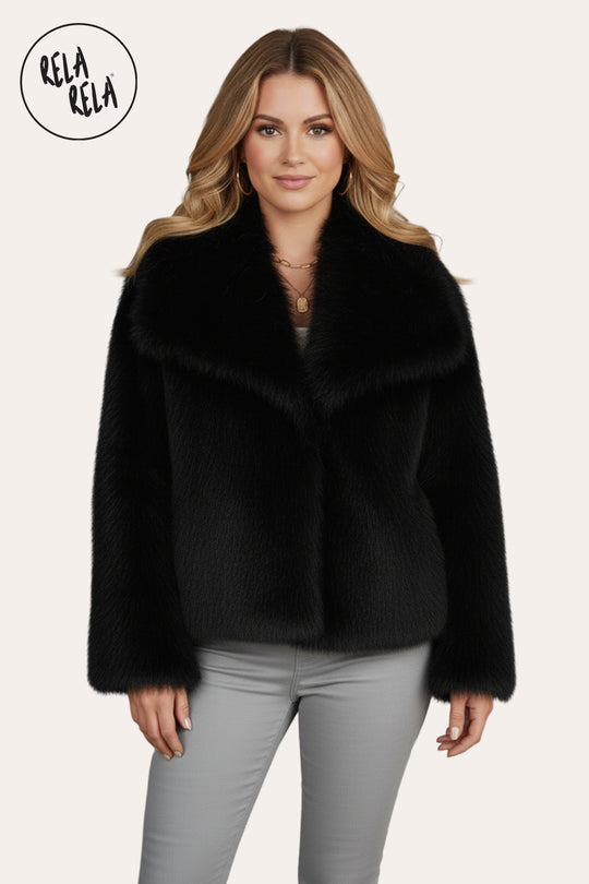 Luxury Oversize Wide Lapel Faux Fur Coat with Snap Closure in Black