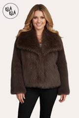 Luxury Oversize Wide Lapel Faux Fur Coat with Snap Closure in Brown