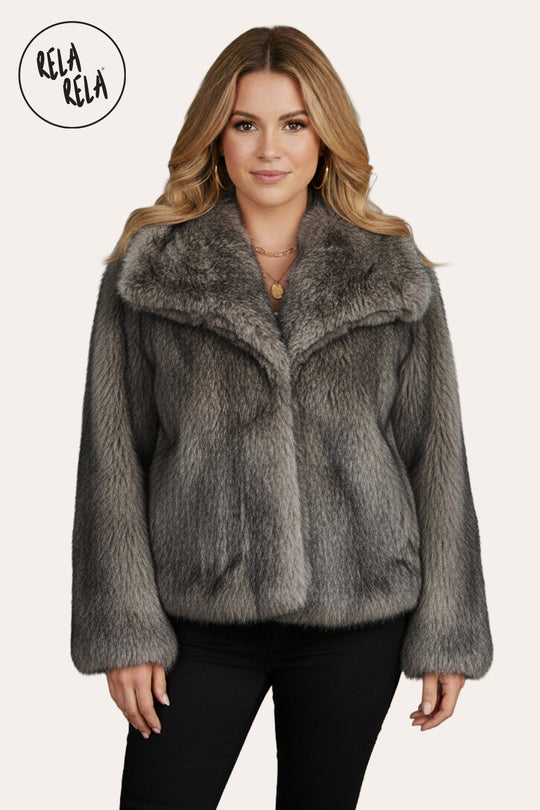 Luxury Oversize Wide Lapel Faux Fur Coat with Snap Closure in Khaki/Black