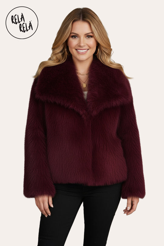 Luxury Oversize Wide Lapel Faux Fur Coat with Snap Closure in Burgundy