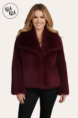 Luxury Oversize Wide Lapel Faux Fur Coat with Snap Closure in Burgundy