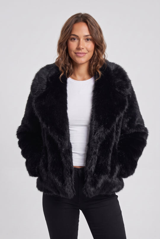 Short Faux Fur Jacket with Oversized Collar in Black