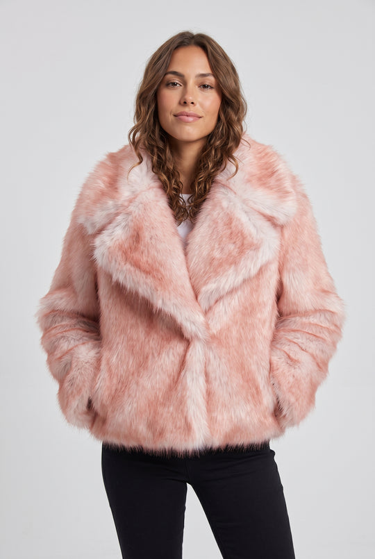 Short Faux Fur Jacket with Oversized Collar in Pink