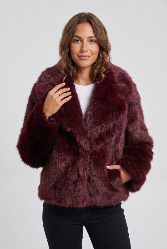 Short Faux Fur Jacket with Oversized Collar in Burgundy