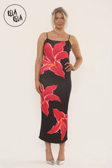 Strappy Large Flower Print Maxi Dress Partywear Going Out Dress in Black