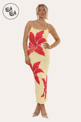 Strappy Large Flower Print Maxi Dress Partywear Going Out Dress in Yellow