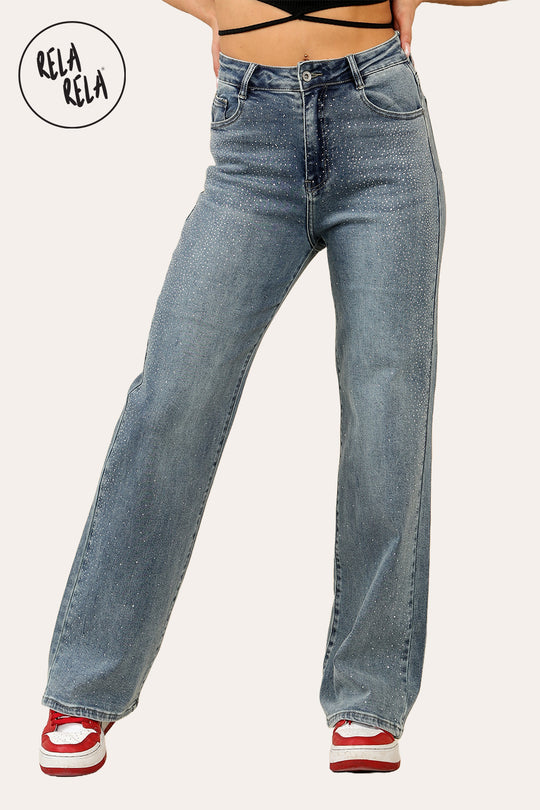 Blue Viral Stretchy Mid-Waist Rhinestone Detailed Wide Leg Jeans in Denim Blue