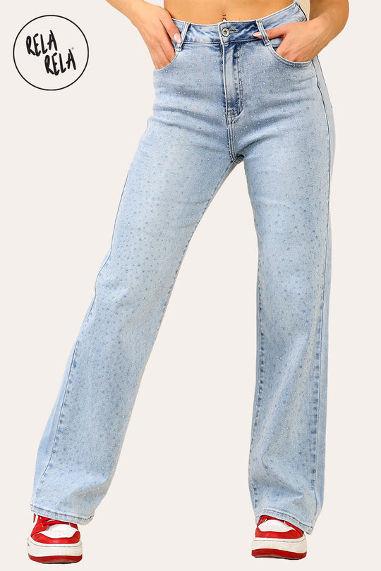 Blue Viral Stretchy Mid-Waist Rhinestone Detailed Wide Leg Jeans in Dewdrop Light Blue