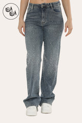 Women's denim blue sparkle wide leg jeans with rhinestones and viral stretch fit.