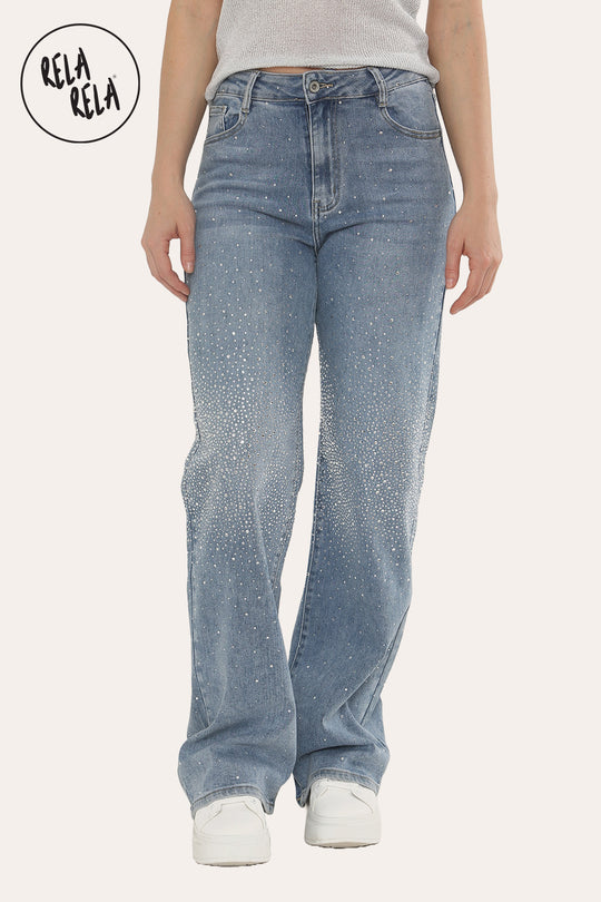 Sparkle Wide Leg Denim Jeans with Rhinestones in Mid Blue
