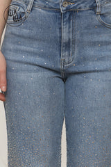 Scatter rhinestone detailing on mid blue denim sparkle wide leg jeans