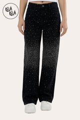 Women’s Black Sparkle Jeans – Stretch Wide Leg Denim with Rhinestones