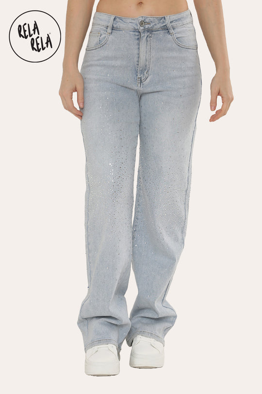 Sparkle Wide Leg Denim Jeans with Rhinestones in Light Blue
