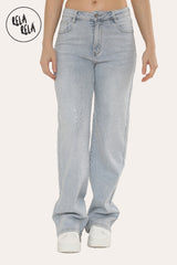 Women's light blue sparkle wide leg jeans with rhinestones, mid-waist viral stretch denim