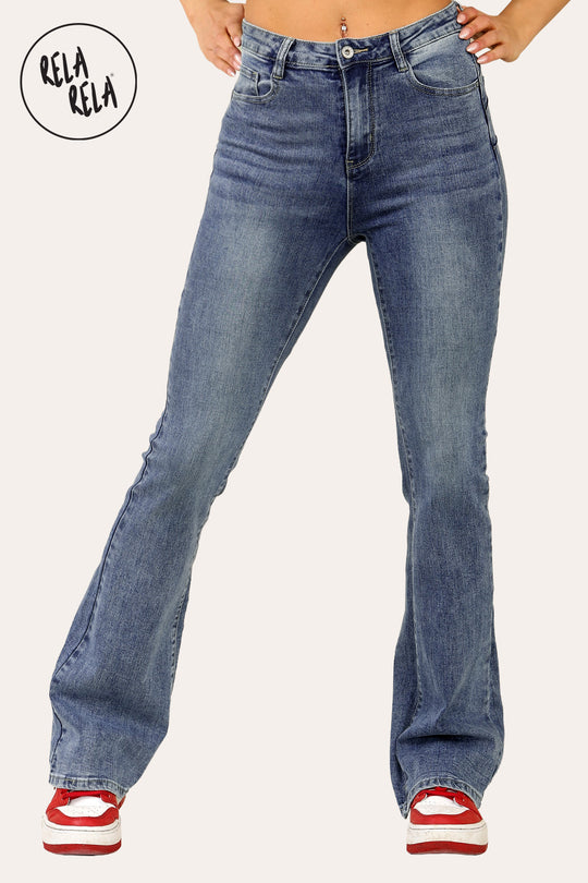 Flared Stretchy Pull On Jeans in Denim Blue