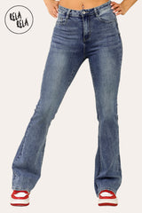 Front view of women's flared stretchy jeans in denim blue, high waist pull-on style