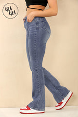 Side view of women's flared stretchy jeans in denim blue, high waist pull-on style