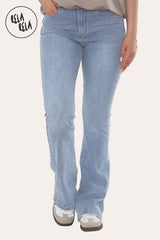 Front view of women's flared stretchy jeans in mid blue, high waist pull-on style