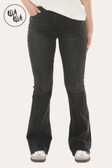 Front view of women's flared stretchy jeans in charcoal, high waist pull-on style

