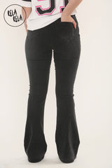 Back view of stretchy flare jeans women – charcoal with flattering flare cut