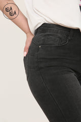 Close-up of pull-on waistband – flared jeans in charcoal