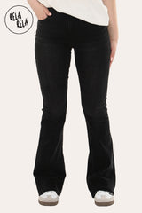Front View of Flared Stretchy Pull On Jeans in Black