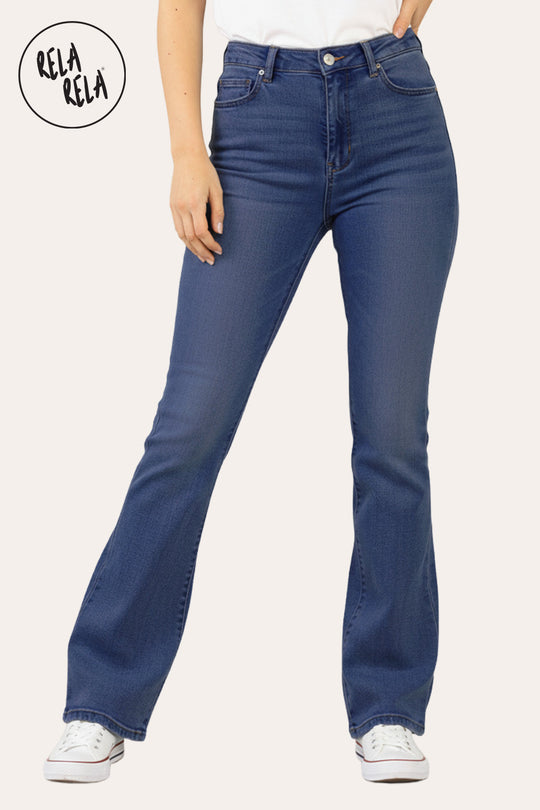 Flared Stretchy Pull On Jeans in Indigo Blue