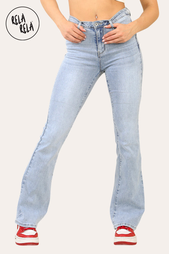 Flared Stretchy Pull On Jeans in Light Blue