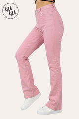 side view of Viral pink flared stretchy jeans with a high-waisted pull-on fit, designed to lift and contour for a petite-friendly elongated silhouette.