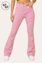 front view of Viral pink flared stretchy jeans with a high-waisted pull-on fit, designed to lift and contour for a petite-friendly elongated silhouette.