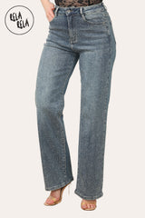 Front view of women's rhinestone wide leg jeans in denim blue, mid waist stretchy fit