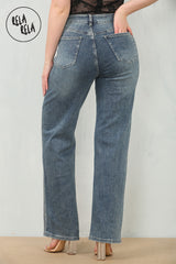 Back view of women's rhinestone jeans in denim blue with wide leg silhouette