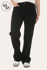 Front view of women's rhinestone wide leg jeans in black, mid waist stretchy fit