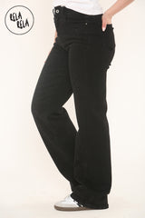 Side profile of mid waist rhinestone jeans in black, wide leg fit