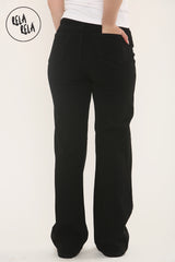 Back view of women's rhinestone jeans in black with wide leg silhouette