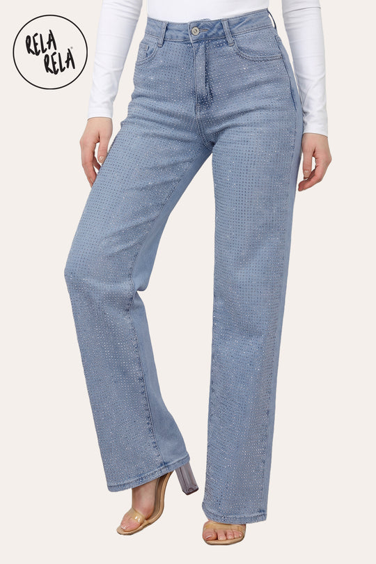 Viral Stretchy Rhinestone Wide Leg Jeans in Blue