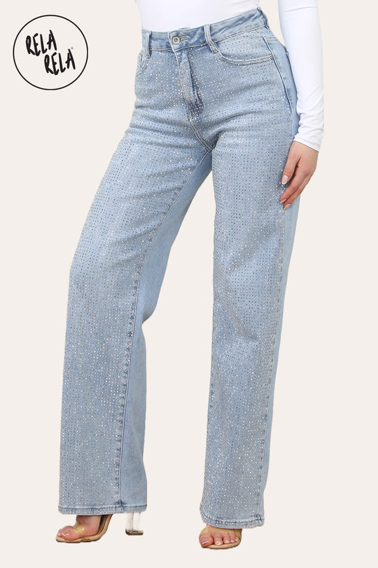 Viral Stretchy Rhinestone Wide Leg Jeans in Light Blue