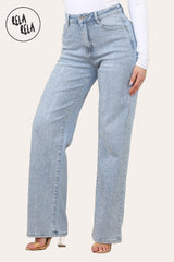 Front view of women's rhinestone wide leg jeans in light blue, mid waist stretchy fit