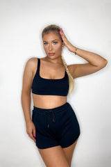 Rib Drawstring Lounge Shorts in Black front 2