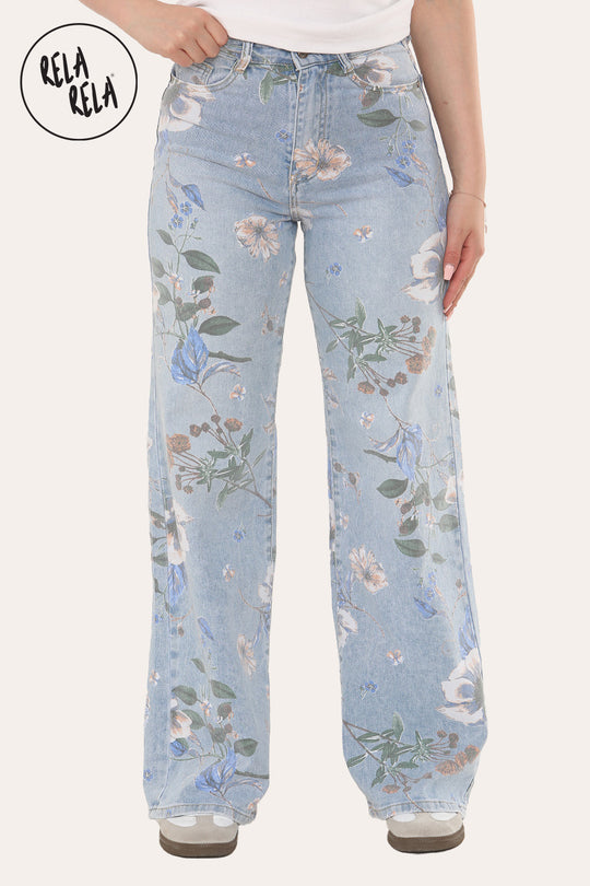 Blue Floral Jeans with Wide Leg Comfort Fit Flower Pattern Denim