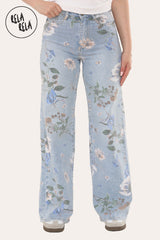 Front view of Blue floral print jeans with wide leg and comfort fit