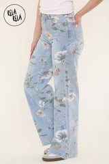 Side view of straight wide leg flower pattern jeans in soft denim