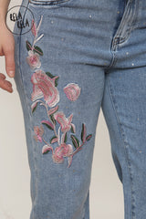 Mid Rise Dad Fit Embroidered Rhinestone Diamante Jeans