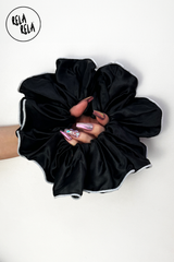 XXL Large Satin Hair Scrunchies with Contrast Stitching in Black