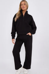 Premium Fleece Lined Half Zip Top & Jogger Co-Ord Tracksuit Set in Black