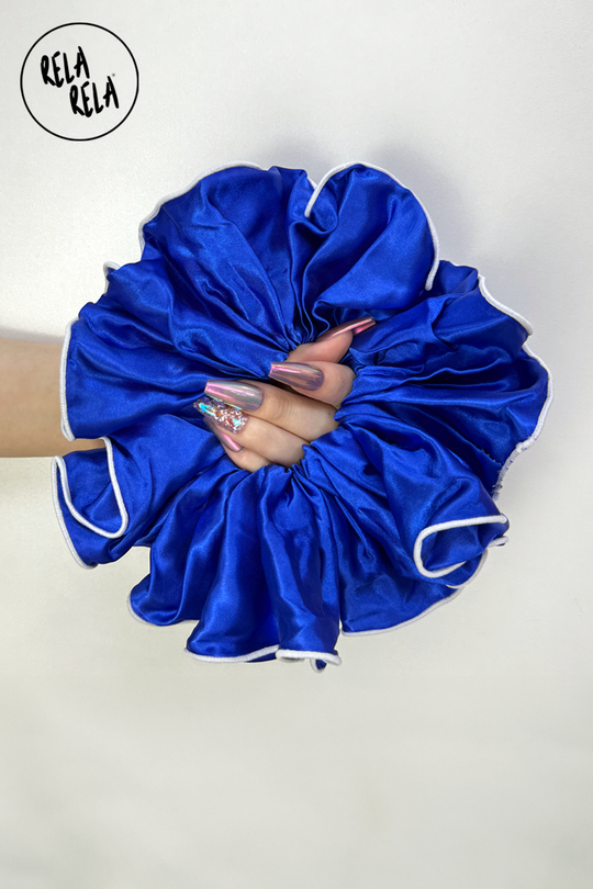 XXL Large Satin Hair Scrunchies with Contrast Stitching in Royal Blue