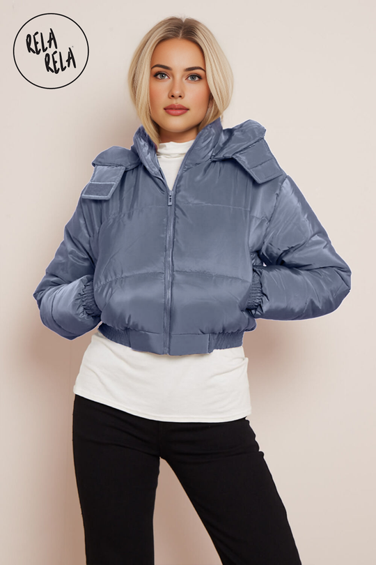 Cropped Puffer Jacket With Hood Padded in Blue