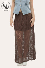 Chocolate lace maxi skirt with sheer patterned lace detail